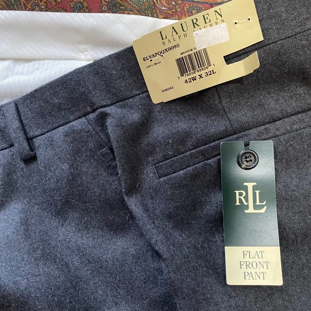 Lauren Ralph Lauren Men Flat Front Pants Slacks 42W x 32L Wool Gray Classic Fit